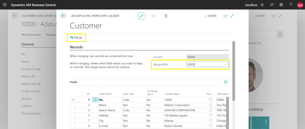 Microsoft Dynamics 365 Business Central Select Customer Merge