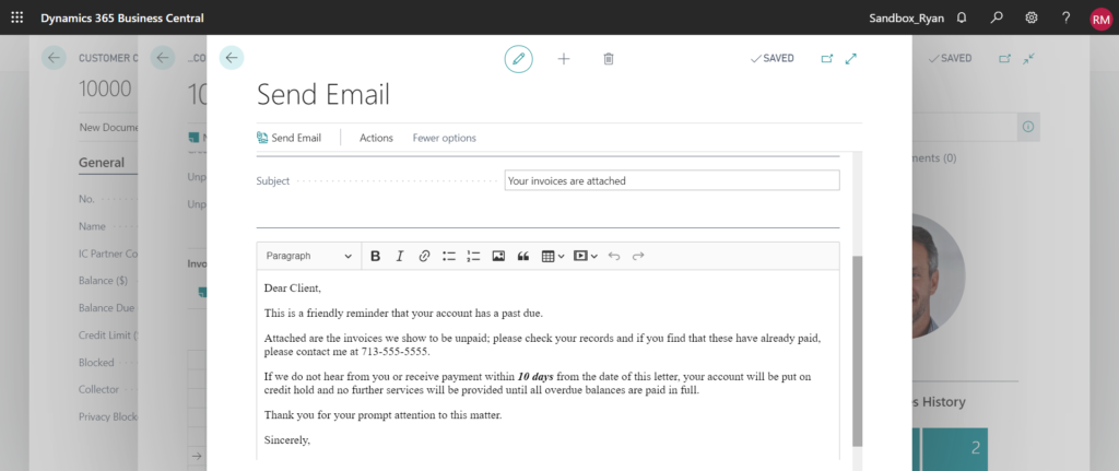 collections letter microsoft dynamics 365 business central